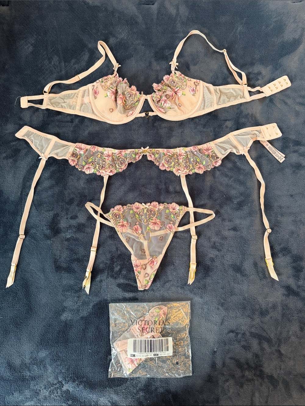 Victoria's Secret Pale Pink Floral Embroidered Bra, Garter Belt & Thong Set